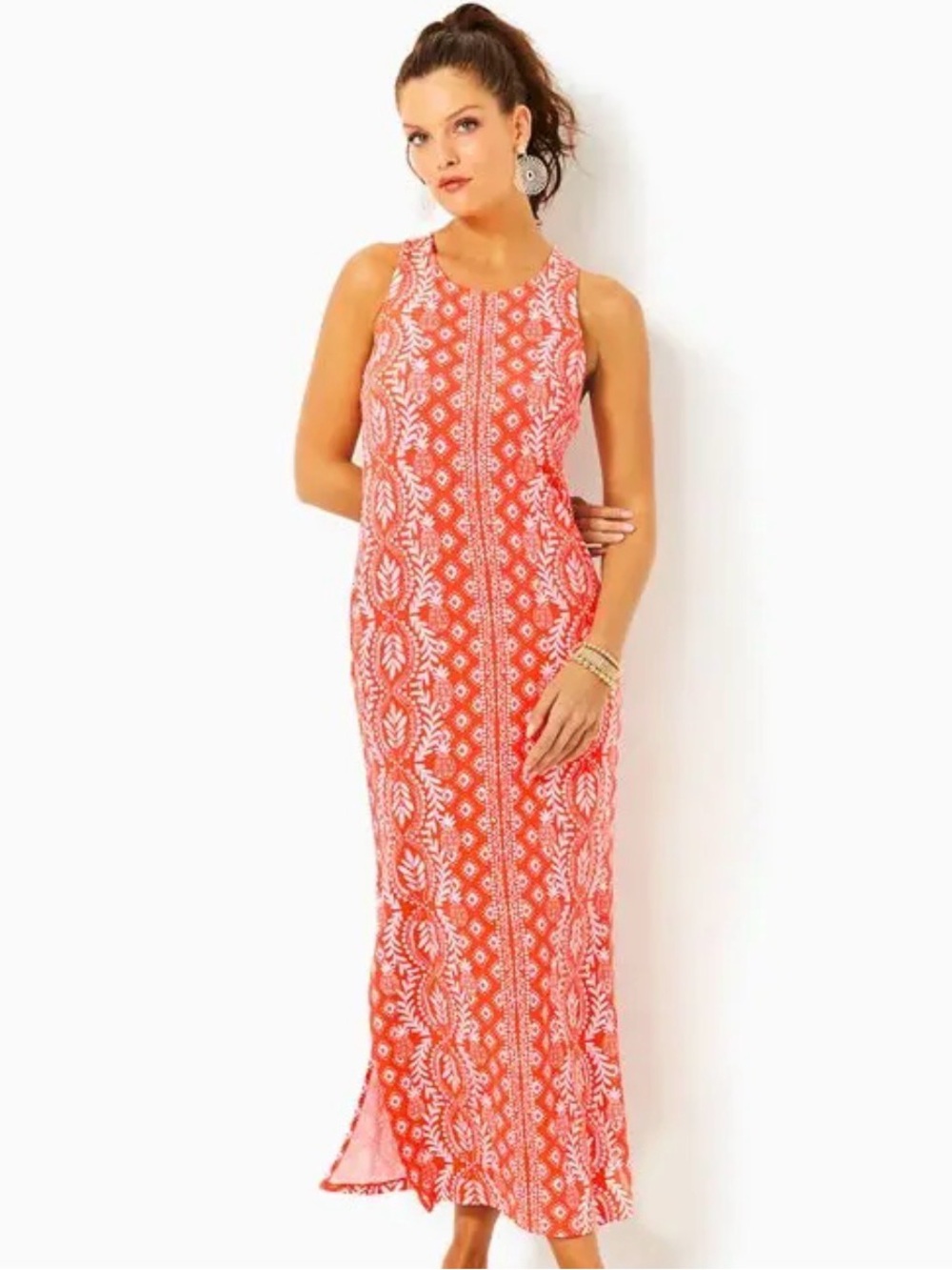 Lilly Pulitzer Womens Medium Orange Ulla Maxi Dress Flamingo Feather Resort